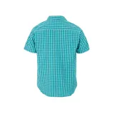 Camisa de hombre a cuadros azules, negros y blancos, de manga corta y corte clásico.