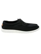 Alpargata negra con cordones elásticos y suela blanca con textura.