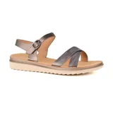 Sandalias plateadas con plataforma baja, tiras cruzadas y hebilla ajustable.