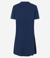 Vestido corto tipo t-shirt, color azul, con mangas cortas y bolsillos laterales.