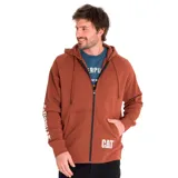 Buzo con capucha unisex de frisa color azul con cierre frontal, bolsillos tipo canguro, puños y cintura acanalados. Logo de Caterpillar bordado en el bolsillo inferior y estampado en la manga derecha.