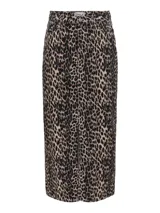 Falda midi de tiro alto con estampado animal print de leopardo en tonos beige y negro. Tiene abertura frontal y cierre con botones.