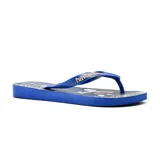 Ojotas Havaianas con diseño de Spiderman y Venom sobre fondo azul y negro.