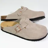 Zuecos grises de cuero gamuzado con plantilla ergonómica de corcho-látex y suela de EVA.