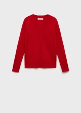 Jersey de punto fino color rojo con cuello en V y manga larga. Diseño estándar y corte recto.