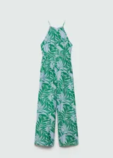 Mono largo con estampado floral en tonos verdes y celestes, de tirantes finos, cuello redondo y corte recto.