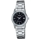 Reloj Casio para mujer, modelo LTPV002D-1AUDF, con caja de acero plateado de 25mm y esfera negra. Cuenta con tres manecillas, indicador de fecha y cristal mineral. Resistente al agua hasta 30 metros.