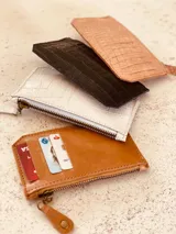 Billetera tarjetero de cuero con cierre y espacio para billetes y monedas.