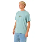 Remera verde de manga corta con estampado pequeño en el pecho.