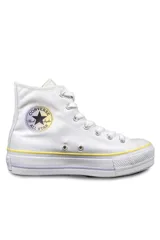Zapatillas Converse Chuck Taylor All Star Lift de caña alta, color blanco con detalles en amarillo y lila en la suela.