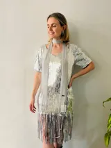 Vestido corto plateado de lentejuelas con escote en V, mangas cortas y flecos en el ruedo. Incluye choker y chaleco de red plateada.