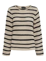 Sweater de punto calado color beige con rayas horizontales negras, de la marca Pieces.