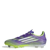 Championes de fútbol Adidas F50 League FG, unisex, color púrpura con detalles en blanco y amarillo limón.