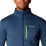 Campera polar Columbia Park View Fleece, color azul jaspeado, con cierre frontal completo, cuello alto, bolsillos laterales con cierre y bolsillo en el pecho con cierre vertical en color verde lima. Cuenta con tecnología Omni-Wick, puños elásticos con orificios para pulgares y protector de barbilla.