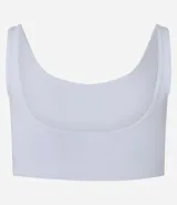 Top deportivo blanco de poliamida, sin copa, sin estampa y con escote redondo.