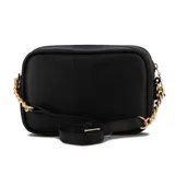 Cartera rectangular acolchada color negro, con costuras en patrón de chevron. Presenta un dije metálico con el logo de Vizzano en tono dorado y una cadena metálica dorada para llevar al hombro.