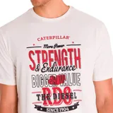 Remera azul petróleo de manga corta con estampa frontal con el logo de Caterpillar y texto en color naranja y blanco.