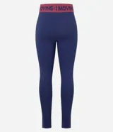 Calza deportiva azul con cintura elástica con texto 'Keep Moving'.
