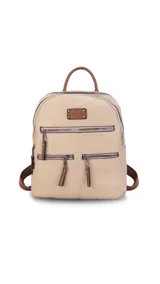 Mochila negra de símil cuero con apertura superior doble con cierres individuales. Bolsillos al frente con cierres metálicos, uno principal de mayor capacidad y dos pequeños. Correas largas a tono regulable con hebillas.