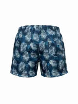 Short de baño azul con estampado de hojas y cordón ajustable en la cintura.