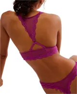 Bralette de malla transparente color celeste con ribete de encaje y espalda cruzada.