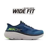 Championes deportivos Skechers Slip-ins Max Cushioning Endeavour Exciton para hombre, con horma ancha y diseño sin cordones. Capellada de malla técnica azul marino, plantilla Air Cooled Memory Foam, suela Max Cushioning y tecnología Natural Rocker para una transición suave en cada paso.