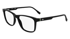 Armazón para lentes de acetato negro, de forma rectangular con el logo de Lacoste en el lateral.