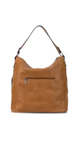 Cartera tipo hobo de cuero sintético color marrón con correa corta y correa larga ajustable. Tiene un bolsillo con cierre en el frente y otro en la parte trasera, además de bolsillos internos.