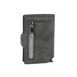 Billetera compacta de cuero sintético color gris oscuro, con cierre vertical plateado en el frente y un bolsillo exterior con broche a presión.