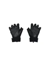 Par de guantes de entrenamiento Under Armour para mujer, color negro con logo blanco. Diseño con medio dedo, palma acolchada y cierre de velcro en la muñeca.
