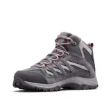 Botas de trekking Columbia Crestwood Mid WTPF para mujer, color gris con detalles en rojo. Confeccionadas con empeine de cuero, malla y cincha, tecnología Omni-Tech impermeable y transpirable, entresuela TechLite para amortiguación y suela Omni-Grip para tracción en todo terreno.
