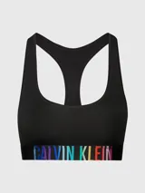 Corpiño deportivo negro Calvin Klein con espalda cruzada y banda inferior elástica con logo multicolor.