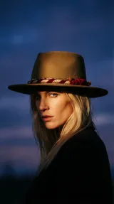 Sombrero de ala ancha color marrón claro, con cinta decorativa roja, blanca y dorada.