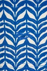 Short de baño con estampado de hojas en azul y blanco, cintura elástica con cordón ajustable.