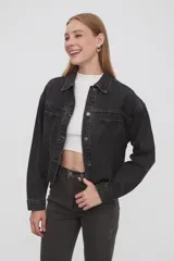 Campera corta de jean color gris oscuro con pequeños strass.