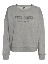 Sudadera gris melange con cuello redondo, mangas largas y estampado frontal con la frase "KEEP GOING Have a nice day!".