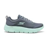 Championes deportivos Skechers Go Walk Flex color gris con suela verde agua. Capellada de malla transpirable, amortiguación Ultra Go y plantilla Air Cooled Goga Mat.