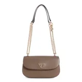 Cartera bandolera Guess modelo Daryna, tamaño pequeño, color marrón topo, con correa de cadena dorada y logo triangular metálico en el frente.