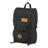 Mochila JanSport Hatchet negra con detalles en marrón. Cuenta con compartimento para laptop, bolsillo para tablet, organizador interno y espacio para botellas.