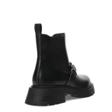 Botas Chelsea de mujer color negro, estilo robusto, con plataforma gruesa y suela track. Presentan un detalle de tira con hebillas metálicas circulares en el empeine.