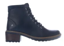 Botas de mujer de caña media, color azul marino oscuro, estilo militar o de combate, con cordones y ojales metálicos. Cuentan con un taco ancho y suela de goma dentada.