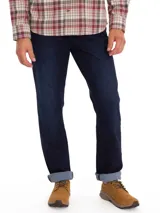 Pantalón de jean azul marino, de corte recto, con bolsillos laterales y traseros. Se ajusta a la cintura con broche y cierre.