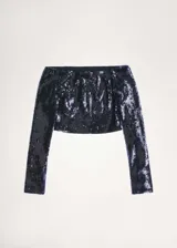 Blusa azul marino con lentejuelas, hombros descubiertos y mangas largas acampanadas.