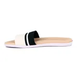 Sandalias tipo chinela de mujer, color negro y blanco, con tira ancha que presenta dos franjas blancas sobre fondo negro. La plantilla es de color beige claro con textura acanalada y el logo de Beira Rio Comfort.