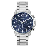 Reloj Guess para hombre con caja de acero plateado de 44mm y esfera azul con tres subesferas. Correa de acero plateado con cierre desplegable.