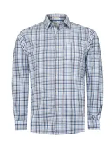 Camisa de hombre de manga larga con estampado a cuadros azules y rosas. Confeccionada en popelina elástica de algodón orgánico con tecnología Natural Flex.