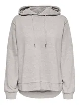 Sudadera gris melange con capucha y cordones ajustables.
