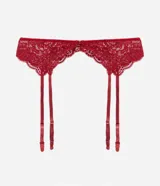 Cinta liga roja de encaje floral con tiras ajustables.