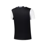 Camiseta de fútbol azul marino para niño, con cuello redondo y mangas cortas. Presenta el escudo del Real Madrid bordado en el pecho y detalles de líneas diagonales en el tejido.