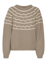 Sweater color lila de punto con cuello redondo y manga larga, con diseño de ondas blancas en la parte superior.